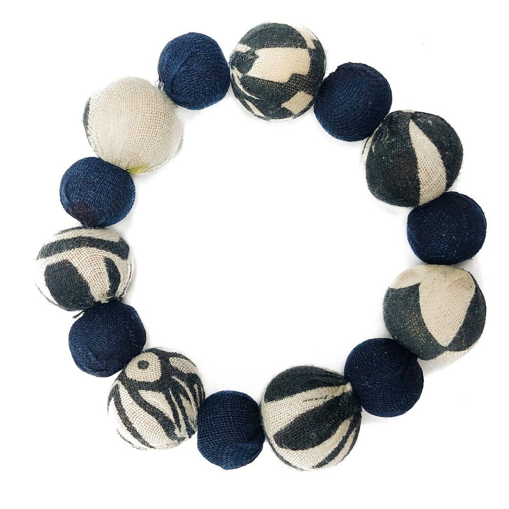 Fair Trade Indigo Blue Bauble Bead Bracelet Upcycled Kantha Fabric Boho Handmade